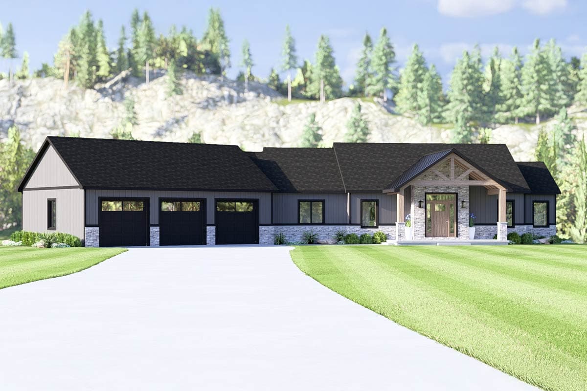 Plan 135330GRA: 1-Bed Mountain Ranch House Plan with Angled 3-Car Garage - 1738 Sq Ft - Image #7 - Mountain, Ranch