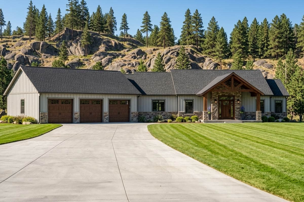 House plan exterior. Ranch style with a low-pitched roof, stone accents, and a covered front porch with exposed timber beams and a three-car garage.