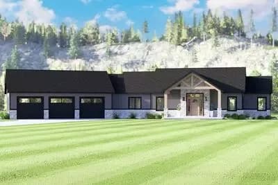 1-Bed Mountain Ranch House Plan with Angled 3-Car Garage - 1738 Sq Ft