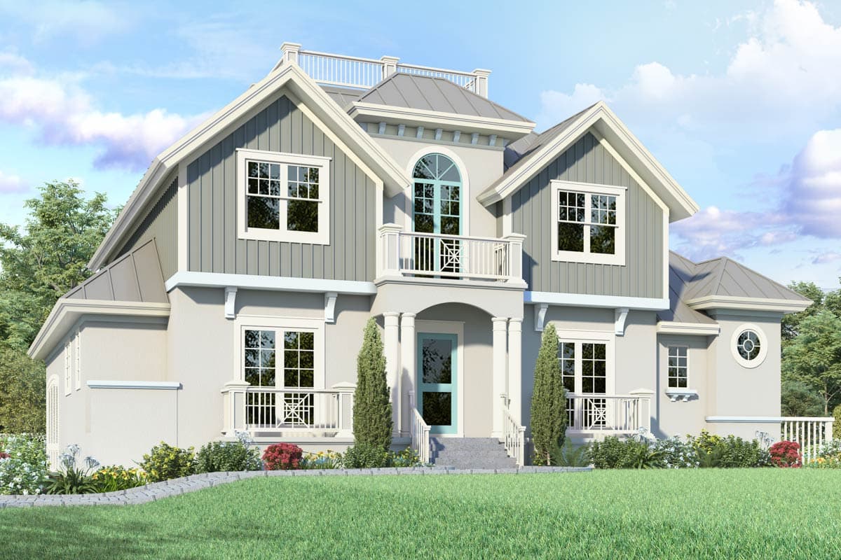 House plan exterior with multiple gables, a balcony, and a multi-pane window design. Two-story house with a flat roof.