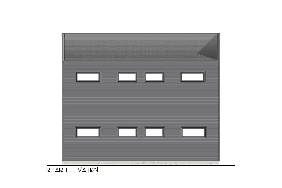 Rear elevation drawing of a building with horizontal siding and two rows of evenly spaced rectangular windows.