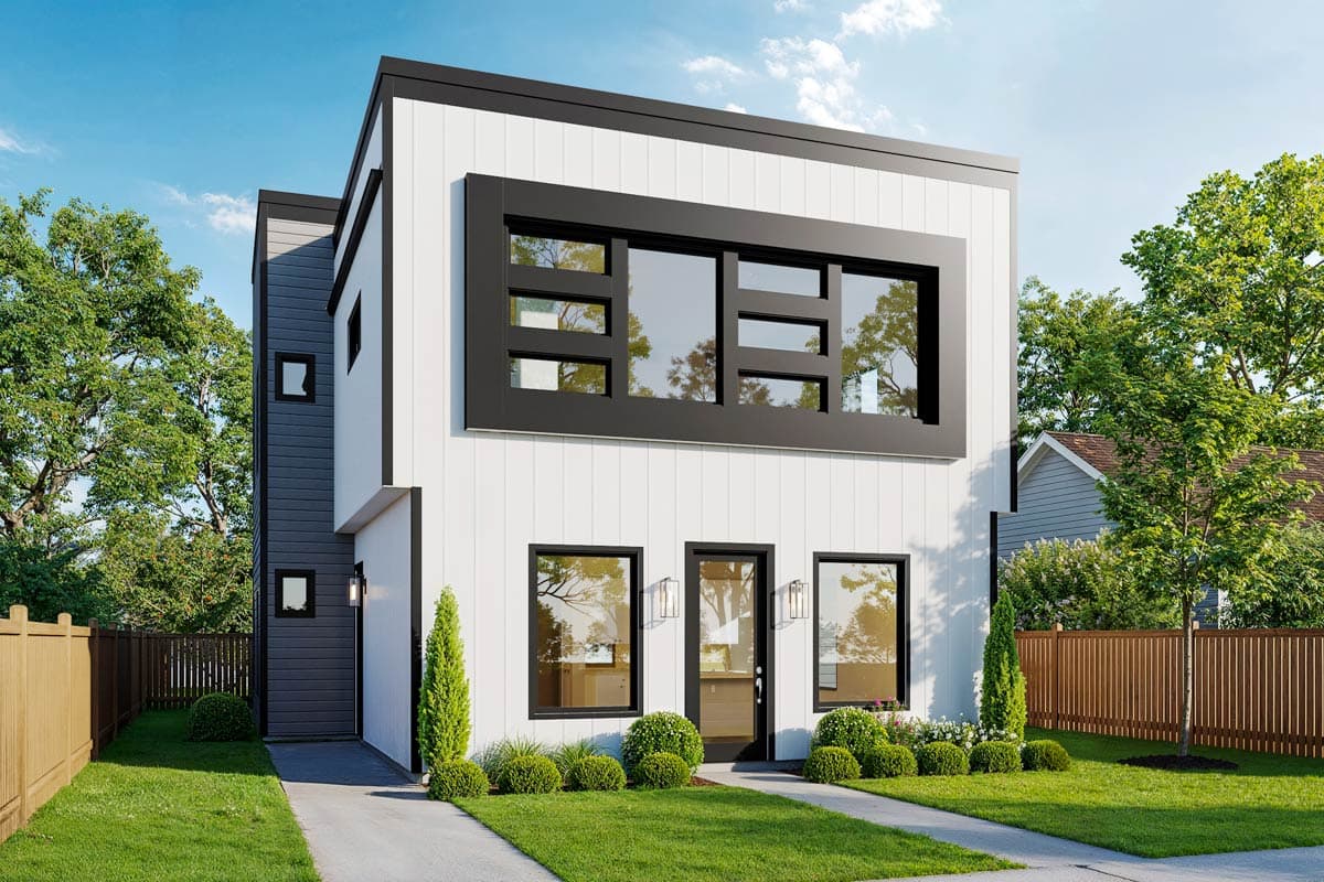 House plan exterior. Two-story modern house with a flat roof. Features large black-framed windows, vertical siding, and minimalist entry design.