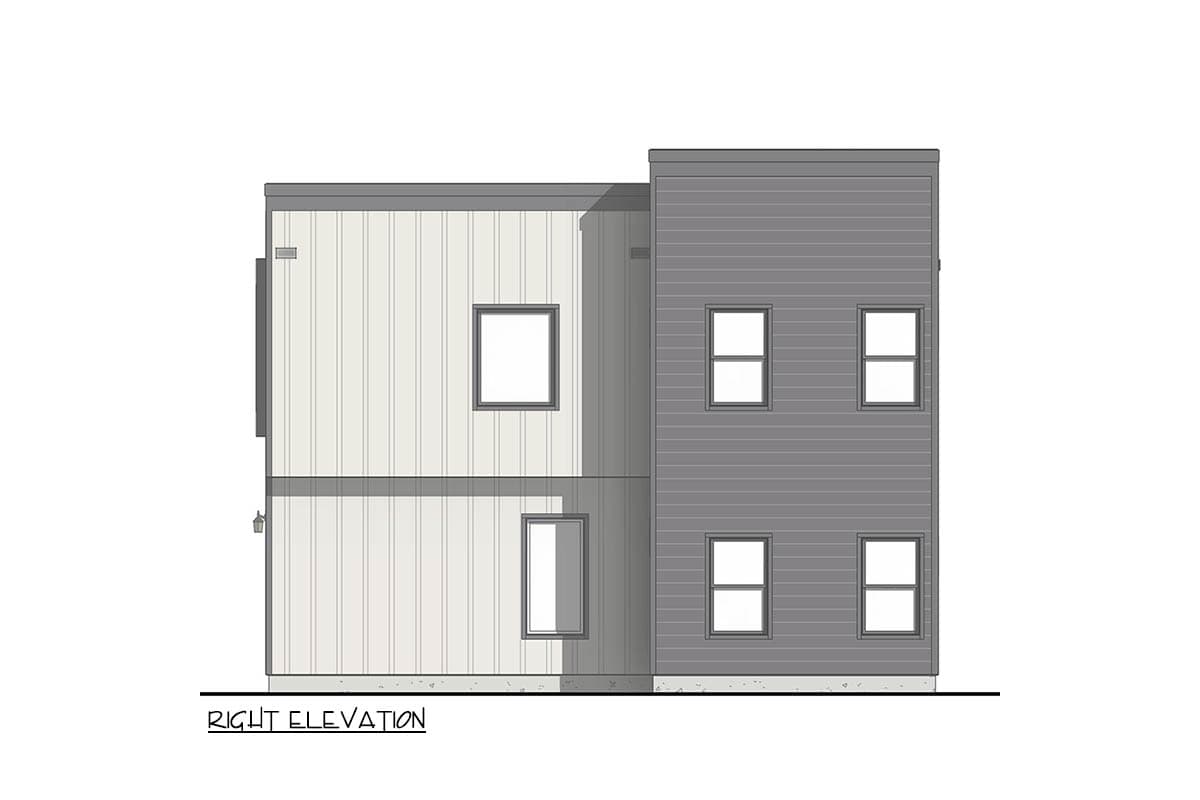 Right elevation drawing of a two-story house with vertical siding, a flat roof, and varied window placement.
