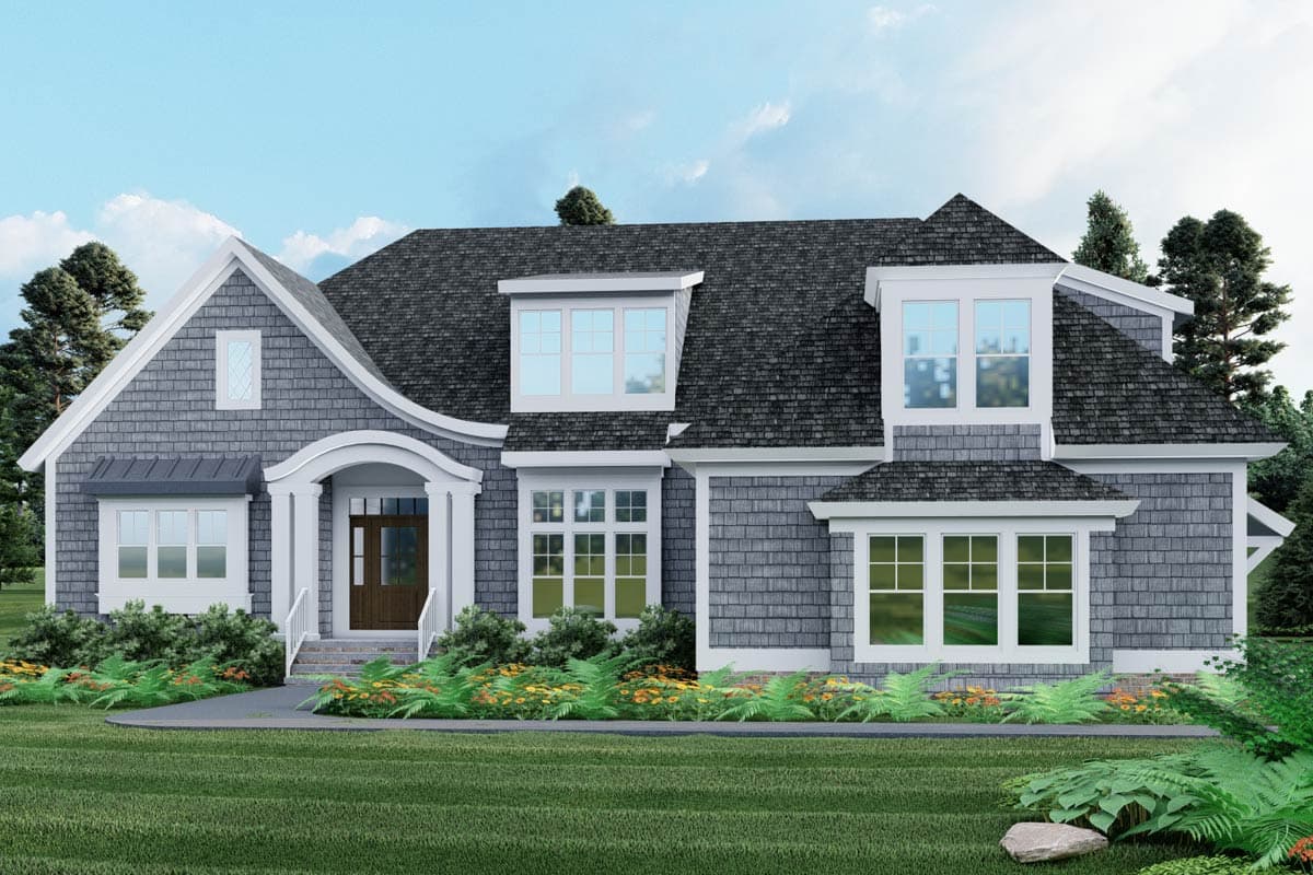 House plan exterior featuring Craftsman-style design, two stories, gabled roof, dormers, and a covered front porch.