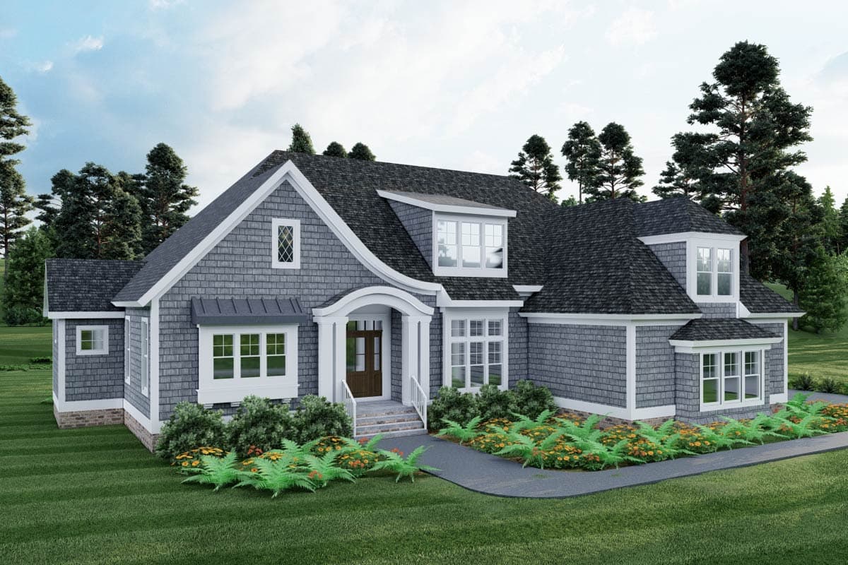House plan exterior: two-story home with gray shake siding, prominent gables, dormer windows, and covered entryway.