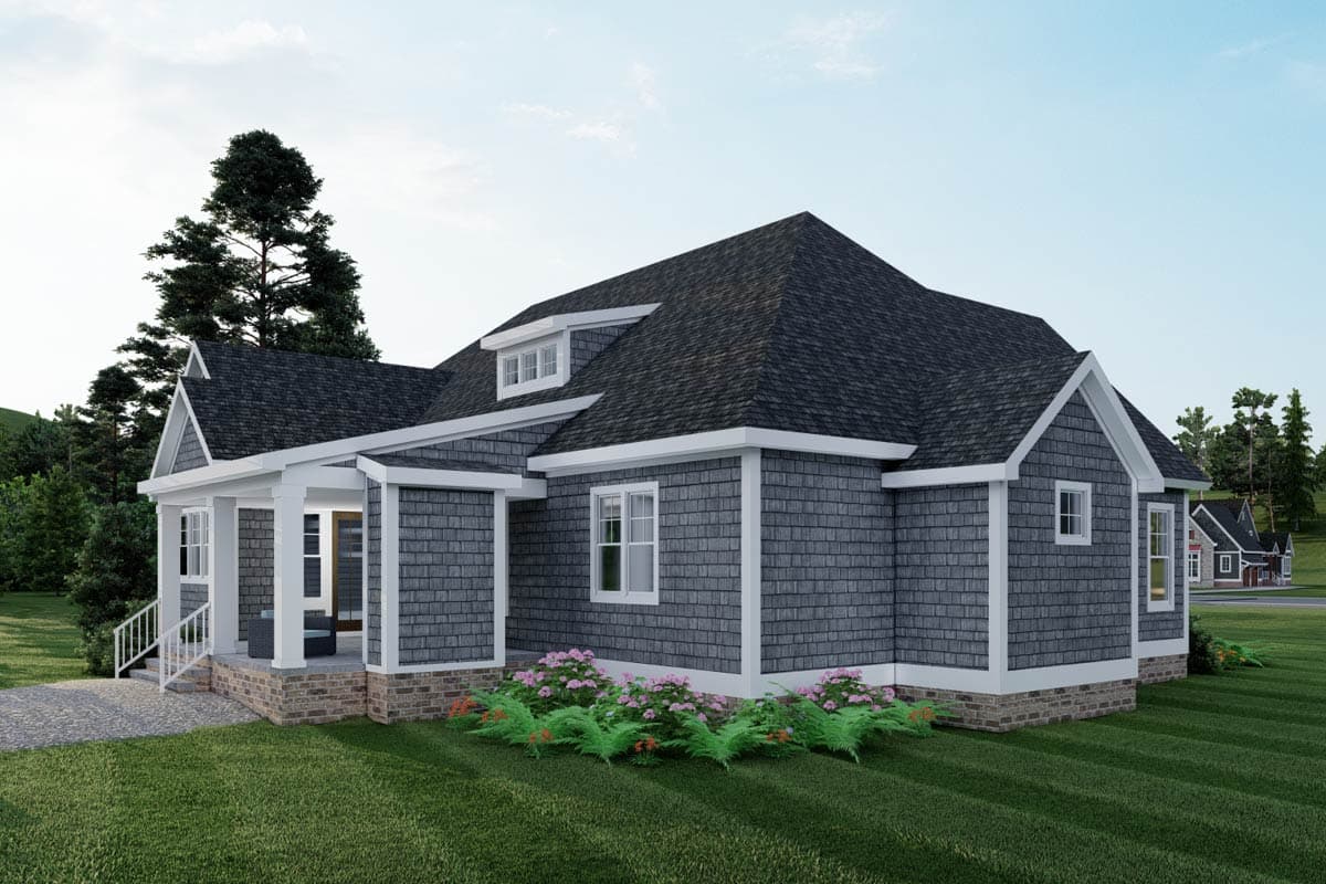 House plan exterior: Single-story Modern Farmhouse with gabled dormer, prominent gables, and covered front porch.