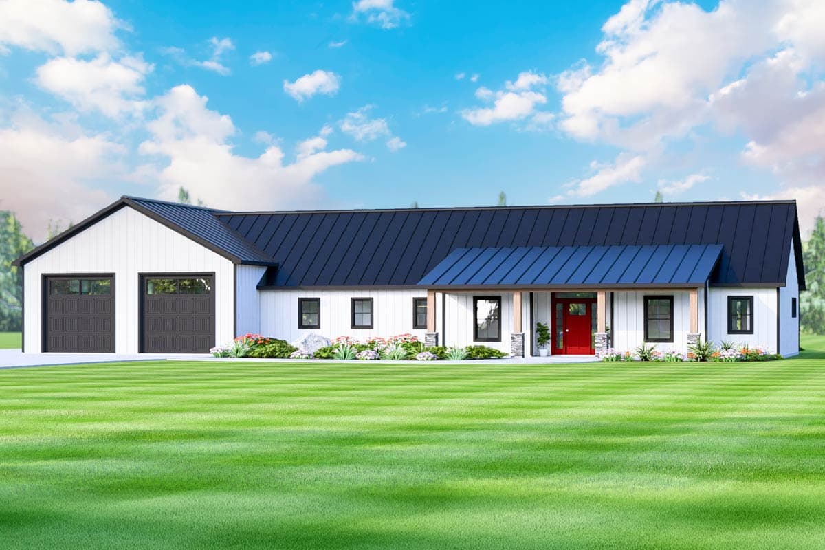 House plan exterior. Modern Farmhouse style with a single story, a two-car garage, front porch, and a metal roof.