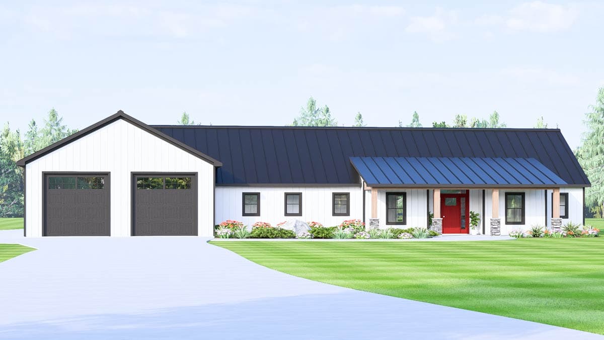 House plan exterior: Modern Farmhouse, one story, white siding, dark metal roof, two-car garage, covered front porch with wood columns.