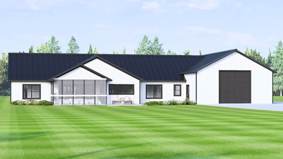 Modern Farmhouse house plan exterior with white board and batten siding, dark metal roof, screened porch, and attached garage.
