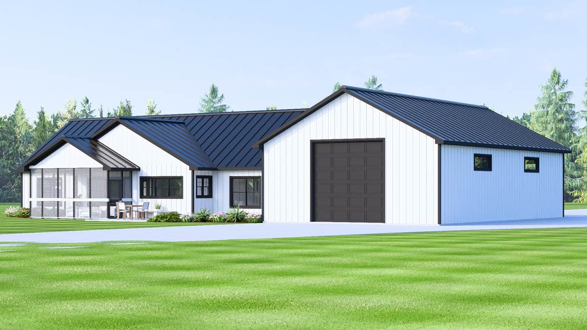 Modern Farmhouse house plan exterior with white vertical siding, black metal roof, screened porch, and attached two-car garage.