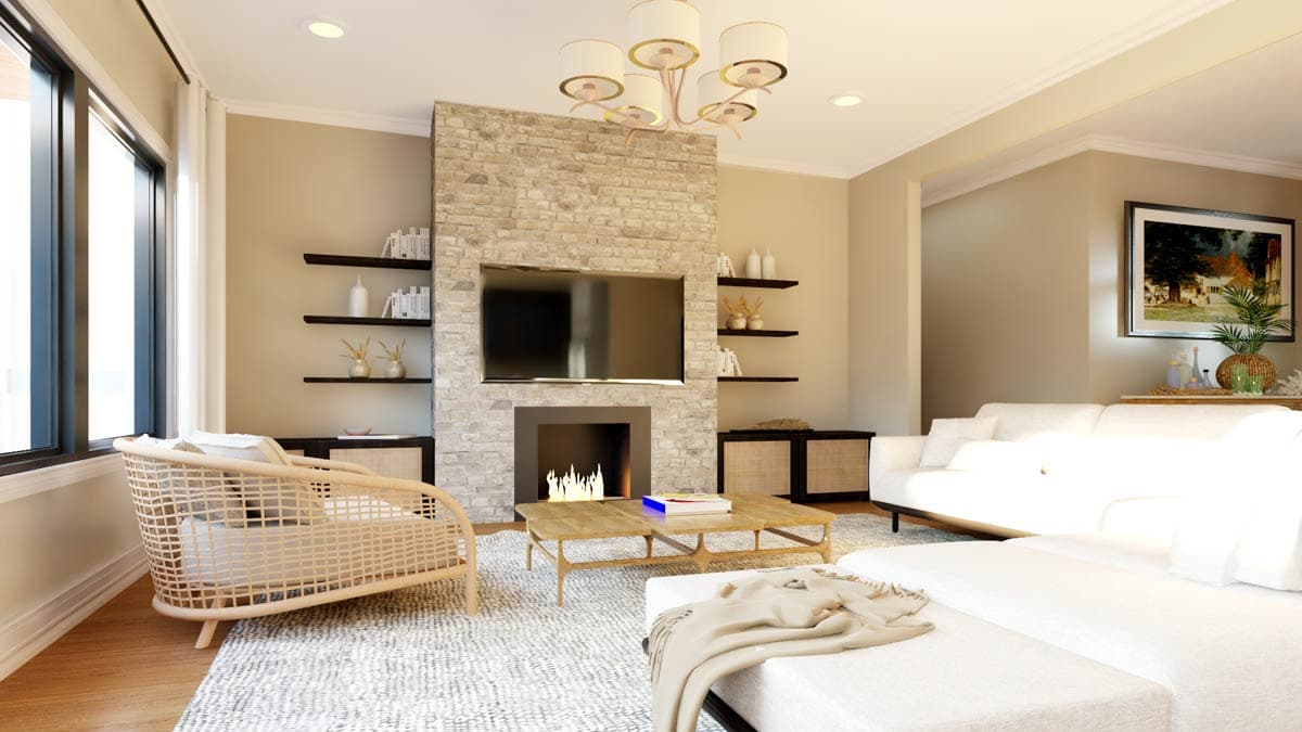 Living room with stone fireplace, integrated television, modern furniture, and large windows.