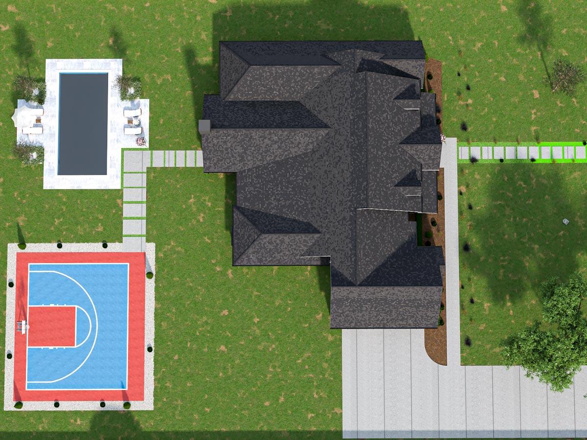 Top-down view of a house plan exterior featuring a complex roofline, attached garage, swimming pool, and basketball court.
