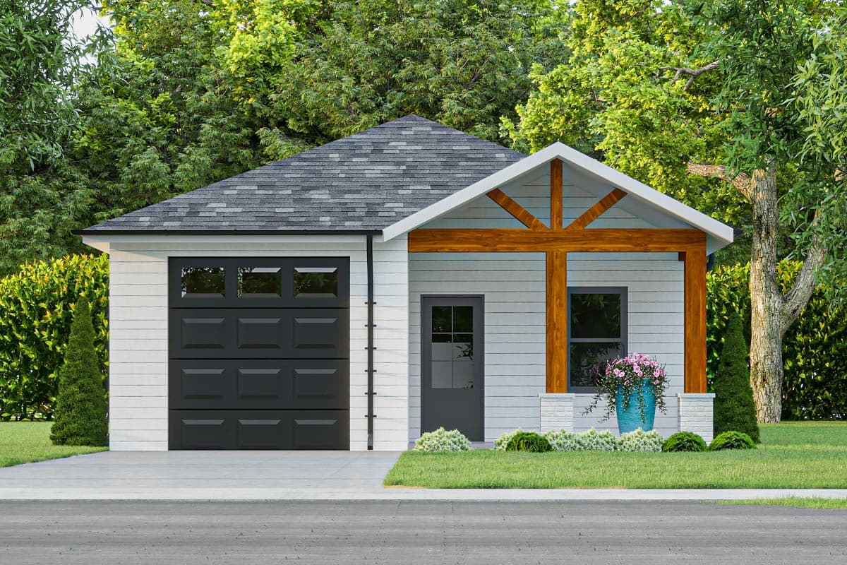 House plan exterior. One-story structure with a gable roof, decorative timber elements, and a black garage door.