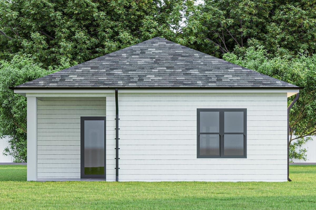 House plan exterior: one-story building with a gable roof, porch entry, and one window.