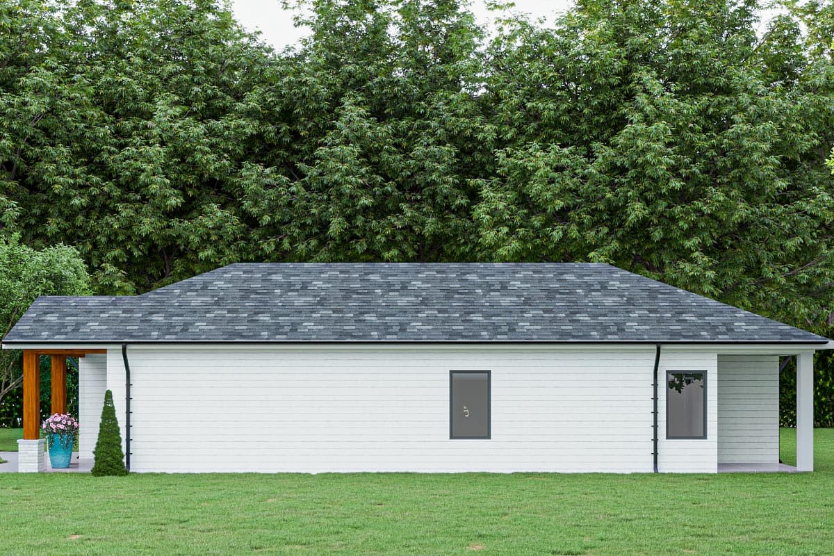 House plan exterior: one-story modern design with white siding, asphalt shingle roof, and covered porch.