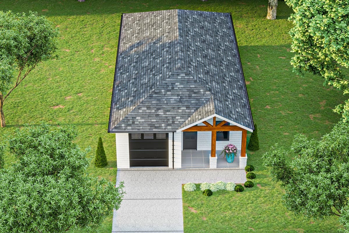 House plan exterior: Small, one-story Modern Farmhouse with asphalt shingle roof, single-car garage, and covered front porch with wooden beams.