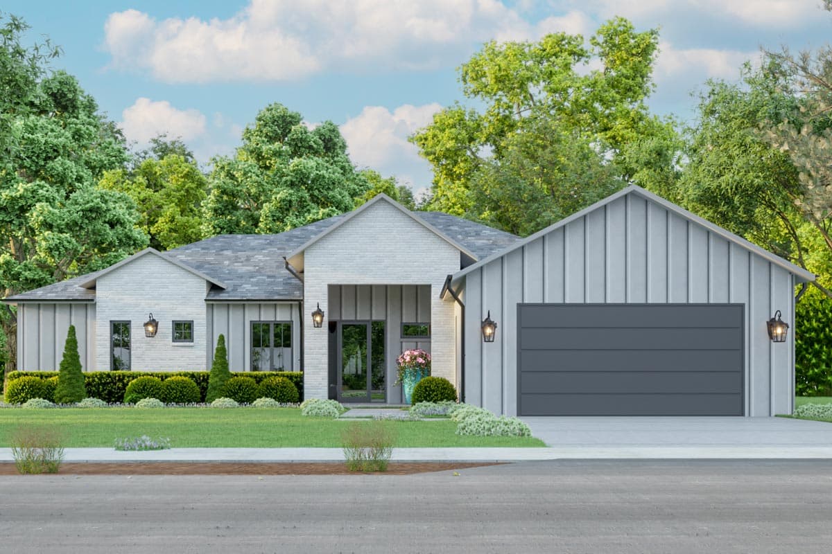 House plan exterior with board and batten siding, multiple gables, and a two-car garage. Features include a covered entry and decorative lanterns.