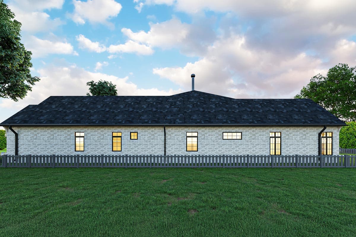 House plan exterior: single-story ranch with white brick, dark asphalt shingles, and a gray picket fence.