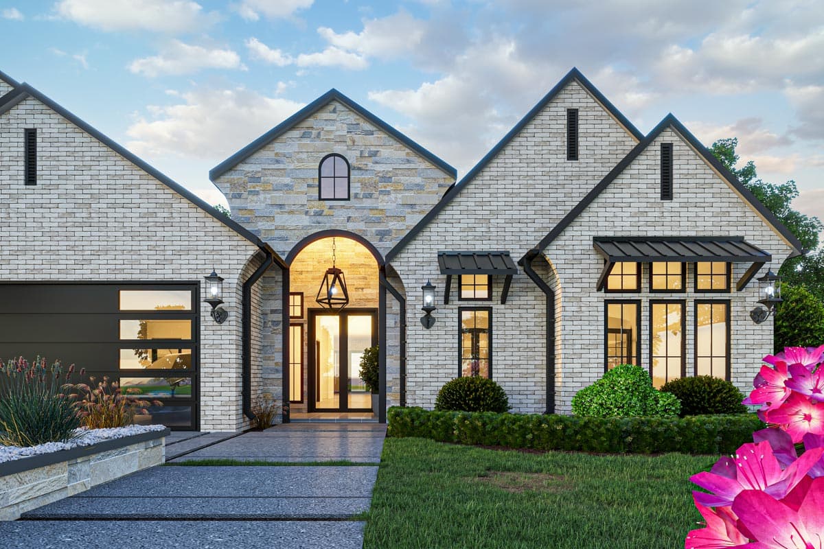 Modern Farmhouse house plan exterior with stone and brick facade, gabled rooflines, arched entryway, and glass garage door.