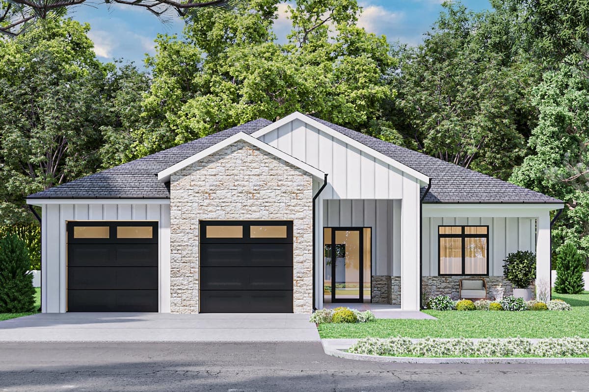 House plan exterior. Modern Farmhouse style with a two-car garage, covered porch, and gabled roofline. Features stone accents and black garage doors.