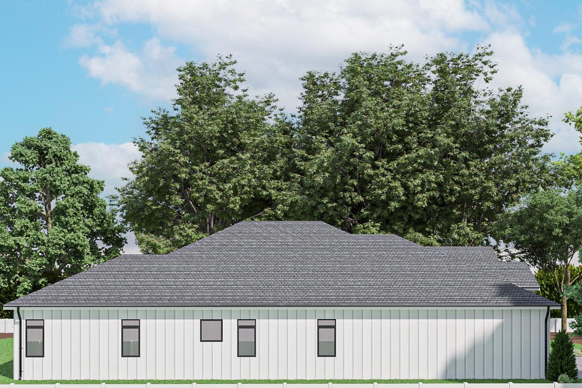 House plan exterior with white board and batten siding, hip roof, and rectangular windows.
