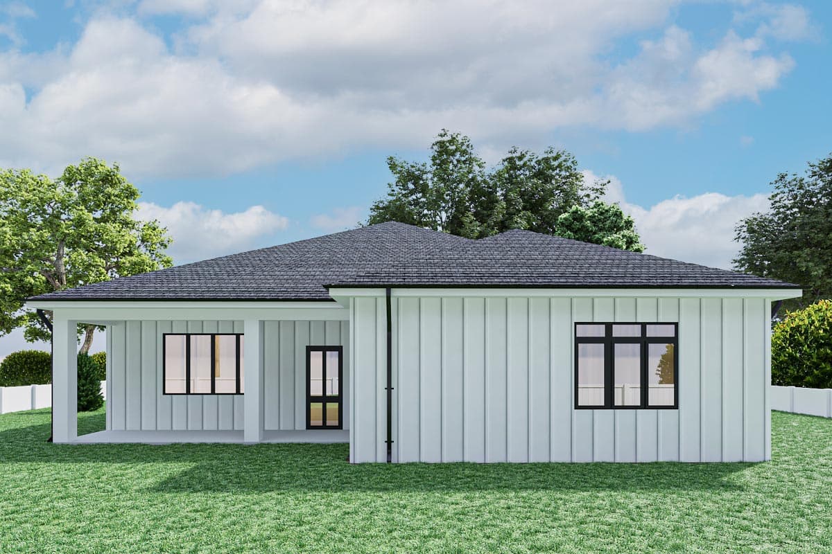 House plan exterior: Single-story Modern Farmhouse with board-and-batten siding, covered porch, and dark-framed windows.