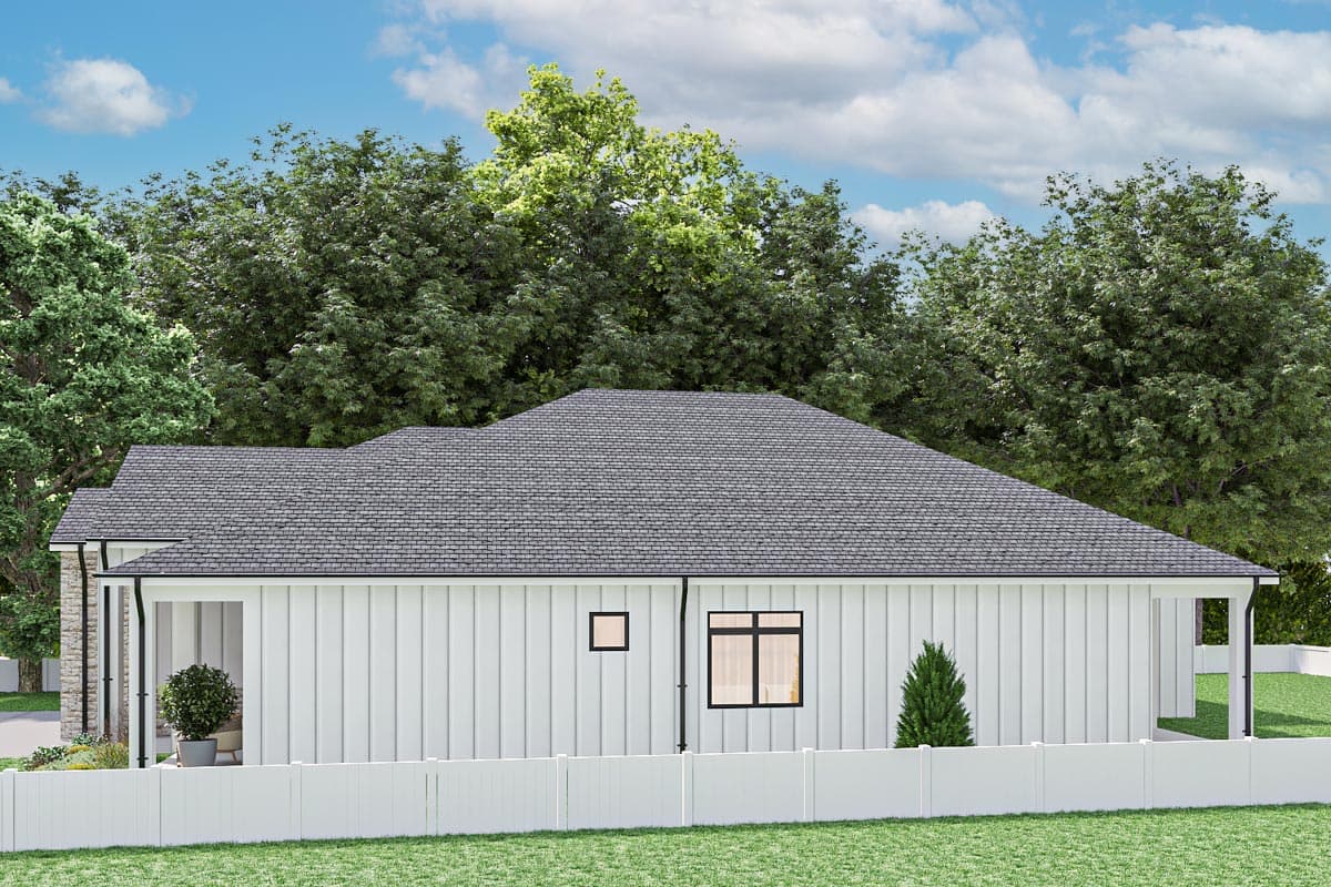 House plan exterior: Ranch style, white vertical siding, hip roof, covered porch, and stone accent on left.