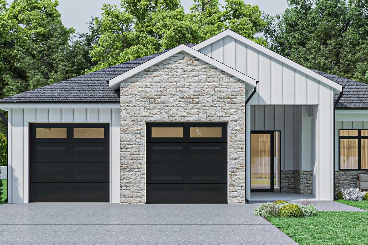 House plan exterior: Modern Farmhouse style, one story, with a stone-clad garage facade, two black garage doors with windows, and a covered entry.