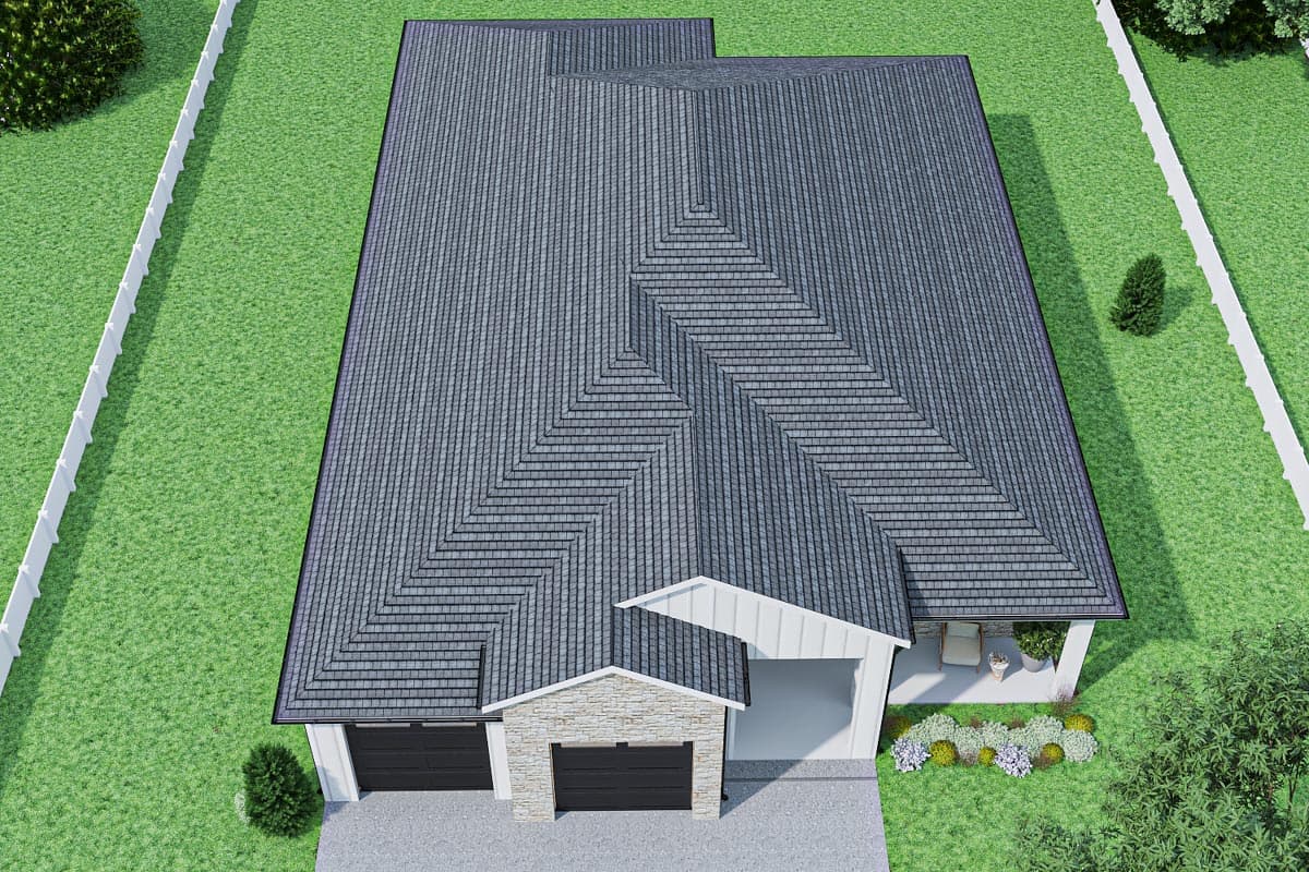 House plan exterior, a one-story dwelling with a multi-faceted roofline, stone-accented front gable, and attached two-car garage.