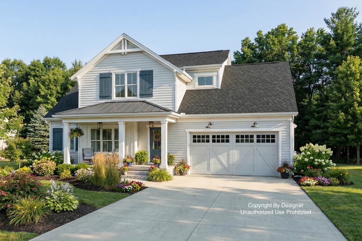 A two-story house with a light blue exterior, dark shutters, and a matching garage. Landscaping features colorful flowers and a well-manicured lawn.