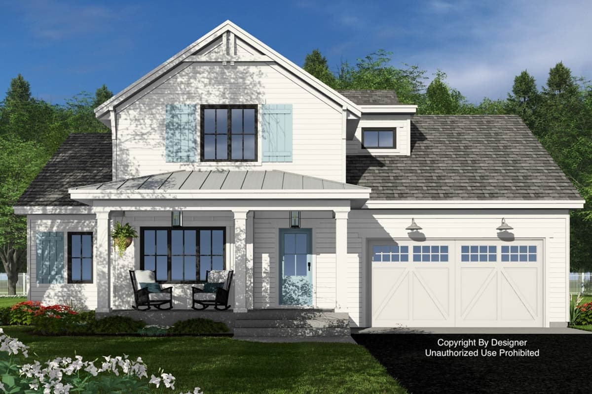 House plan exterior: Two-story Modern Farmhouse with covered front porch, dormer, and attached two-car garage.