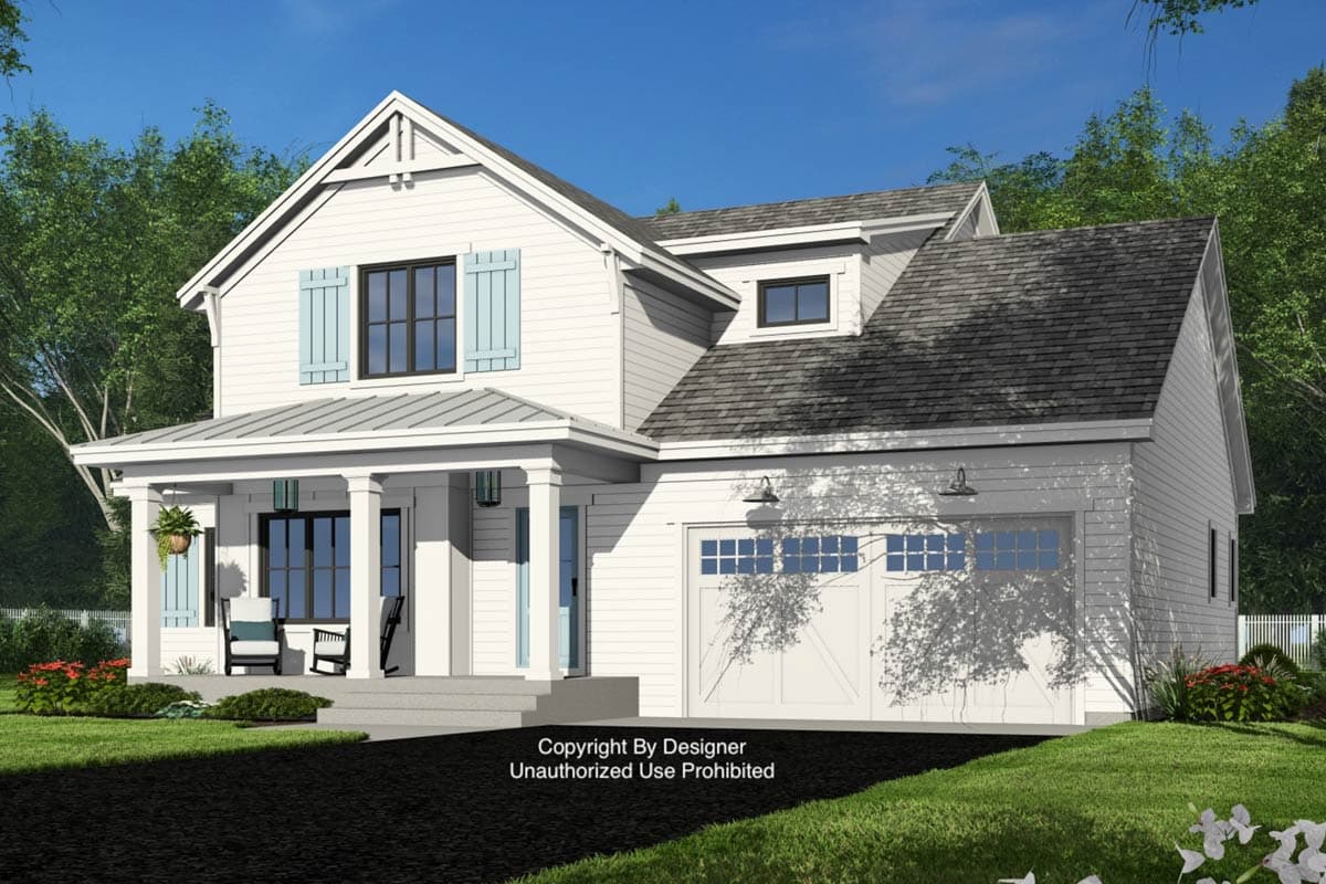 House plan exterior: Two-story Modern Farmhouse with covered porch, gables, dormer, and side-facing garage.