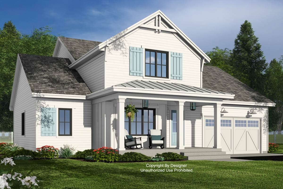 House plan exterior: Modern Farmhouse style, two stories, white siding, covered front porch, gabled dormer, and side-entry garage.