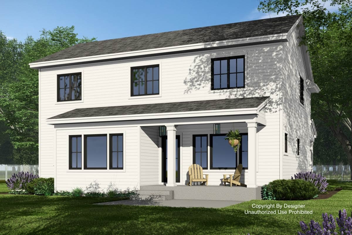 Two-story house plan exterior with a covered front porch, gabled roof, and horizontal siding.