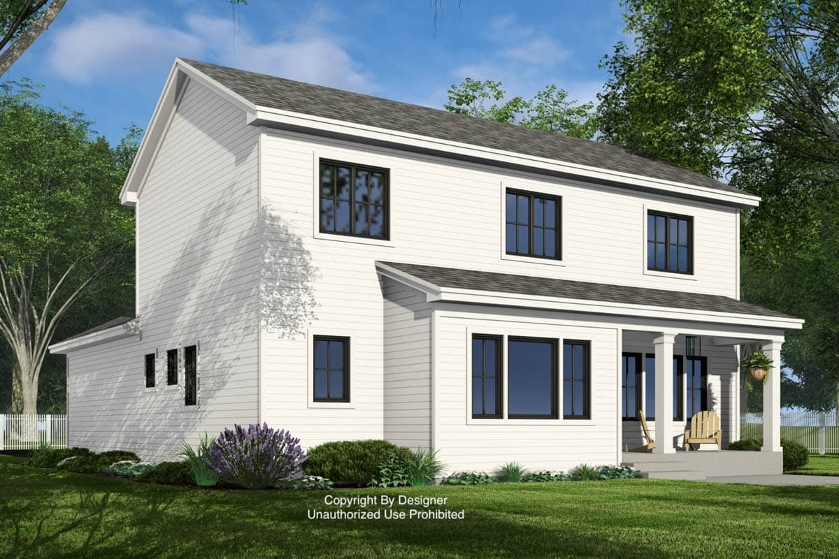 House plan exterior: Two-story Modern Farmhouse with a gable roof, covered front porch with white columns, and black-framed windows.