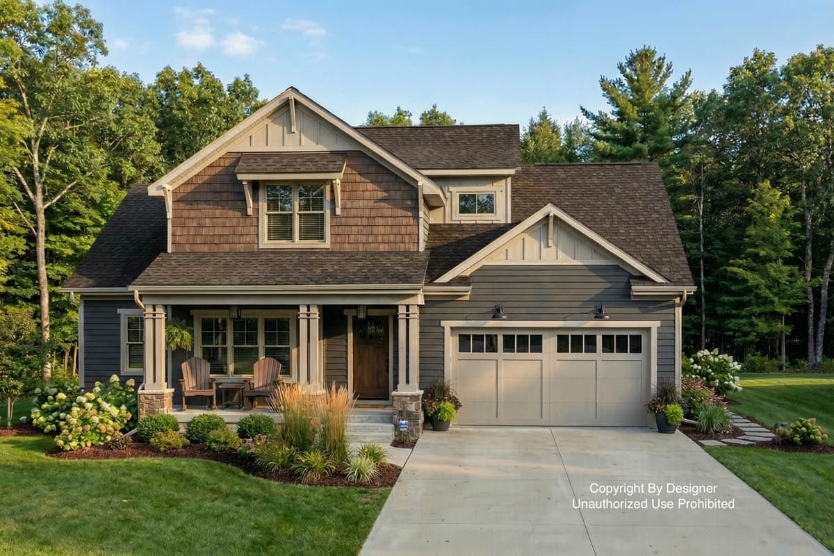 A craftsman-style home with a gray and brown exterior sits among green landscaping and trees. The house features a garage and covered porch.