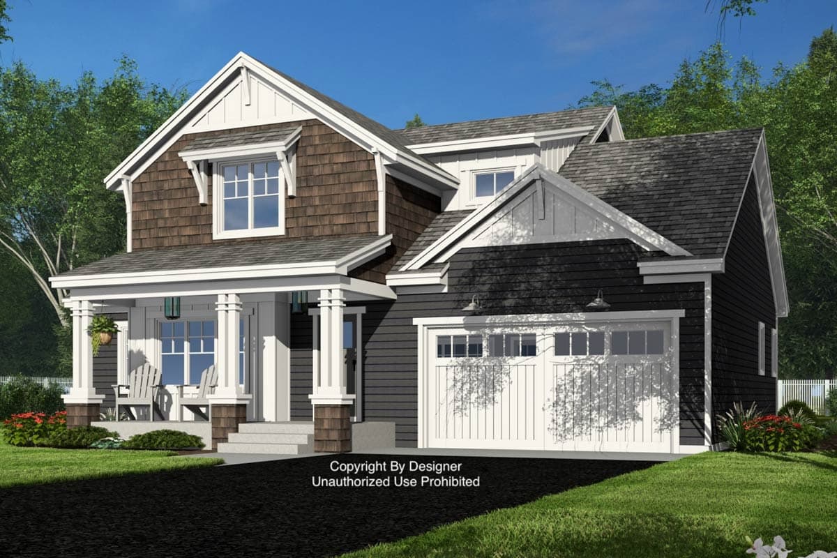 House plan exterior: Two-story Modern Farmhouse with shingle siding, covered front porch, gables, and attached two-car garage.