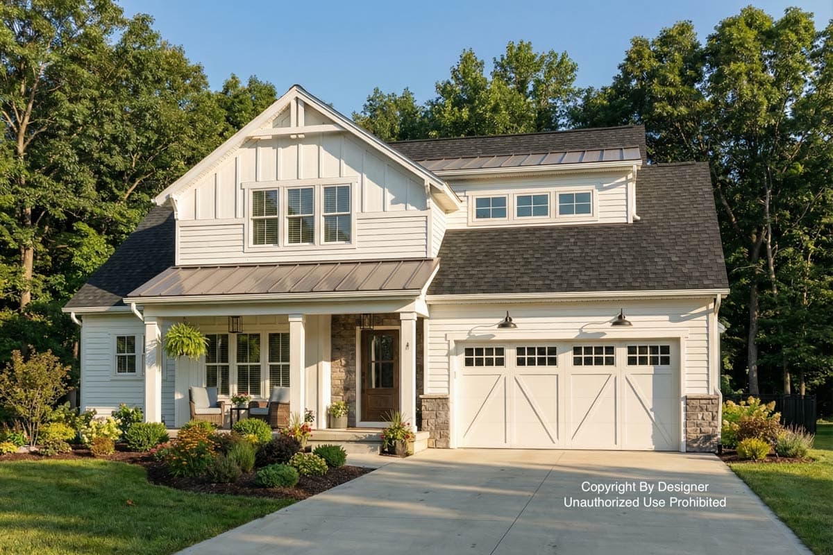 Exterior shot of a modern farmhouse-style home with white siding, dark roof, stone accents, and a landscaped front yard with a concrete driveway.