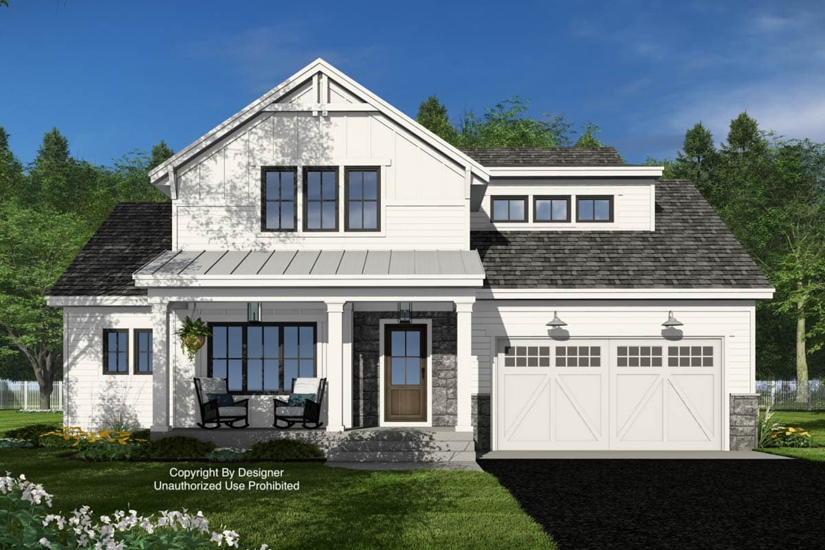 Modern Farmhouse style house plan exterior with two-car garage, front porch, gables, and dormer windows.