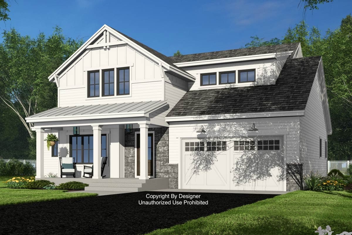 House plan exterior: Modern Farmhouse style, two stories, white board and batten siding, metal roof porch, stone accents, and two-car garage.