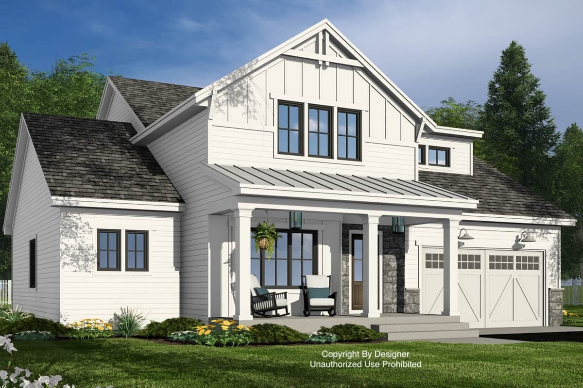 Modern Farmhouse house plan exterior with a prominent gable, metal roof porch, board and batten siding, and a side-entry garage.