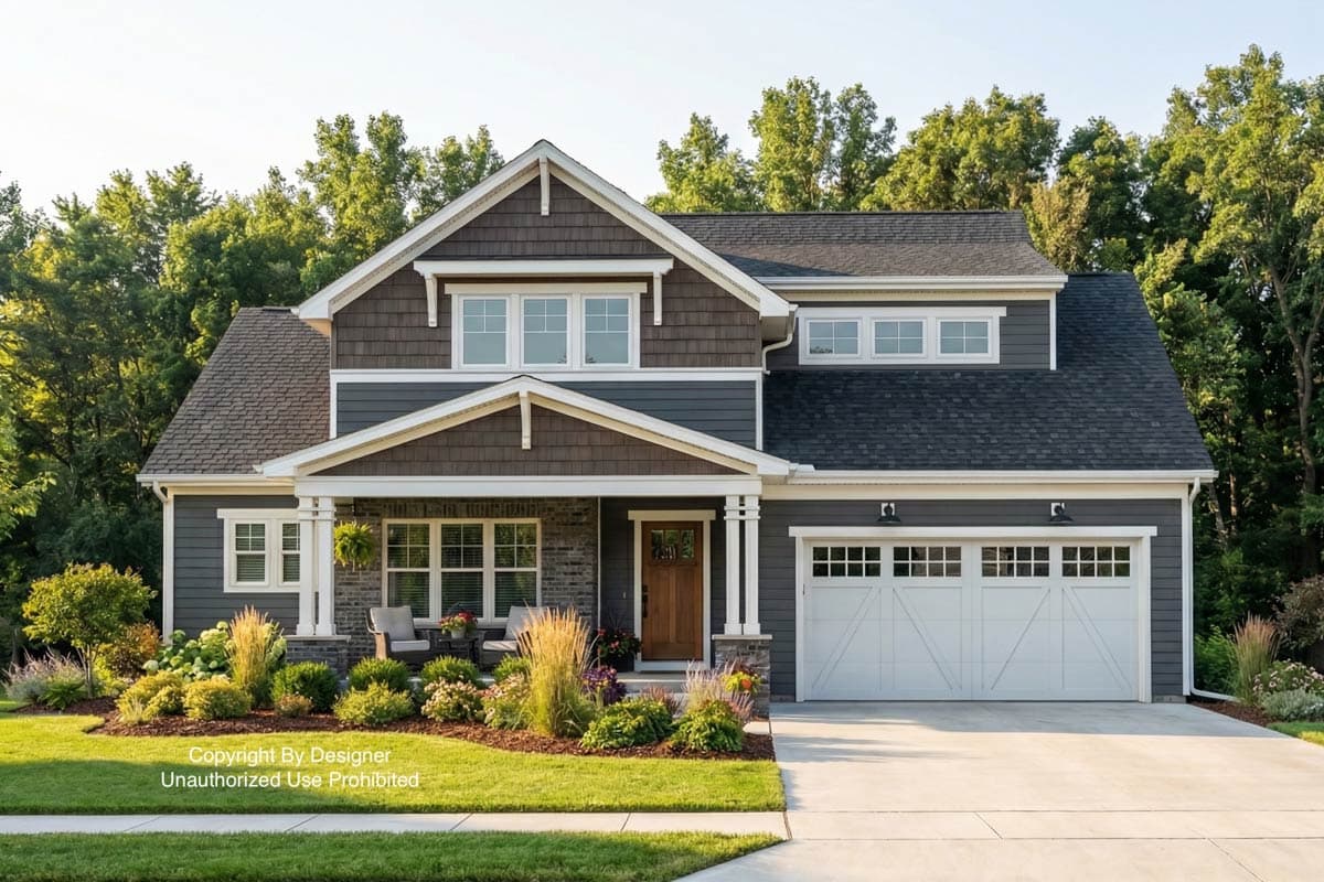 A two-story home with a combination of brown and gray siding features a welcoming front porch and white garage doors, surrounded by lush landscaping.