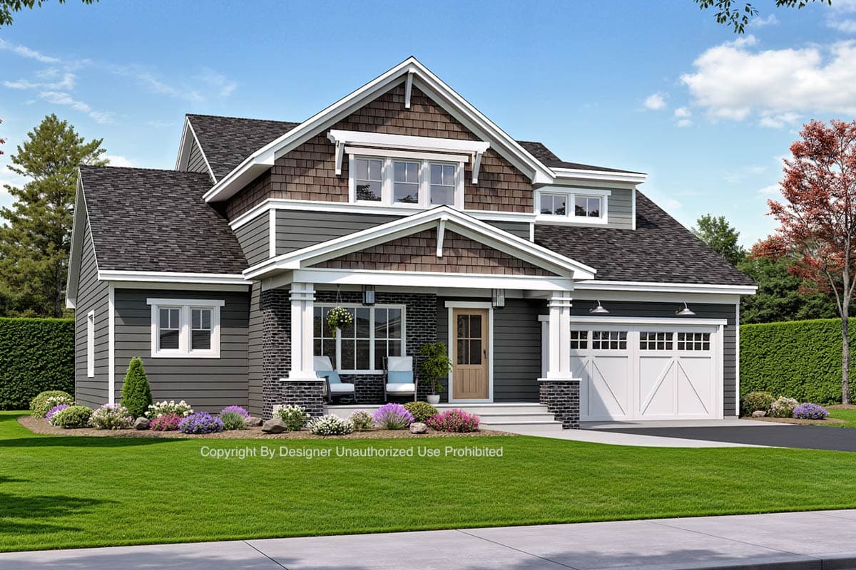 Modern Farmhouse house plan exterior with a prominent gable, covered porch, and attached two-car garage.