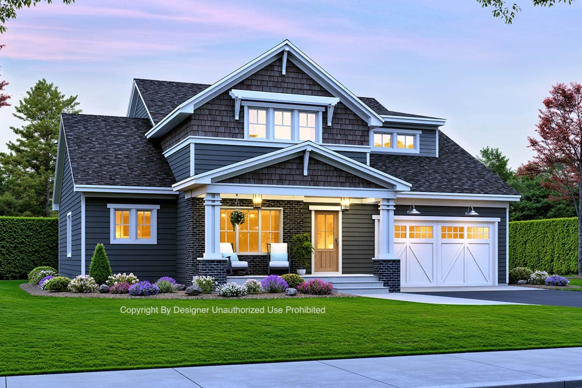 House plan exterior: Two-story Modern Farmhouse with covered front porch, gable accents, and side-entry garage.