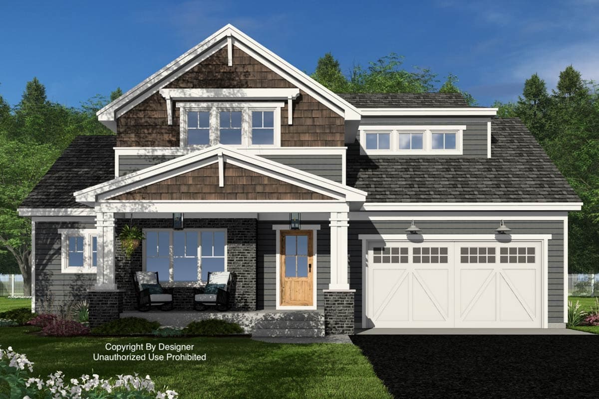 Craftsman style house plan exterior with a covered front porch, dormer windows, and a side-entry garage.