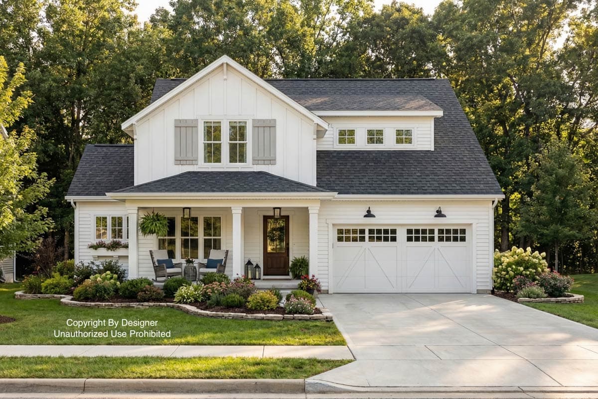 A white farmhouse with a dark roof and a covered porch. Landscaping includes a garden and a manicured lawn. The home has a two-car garage.