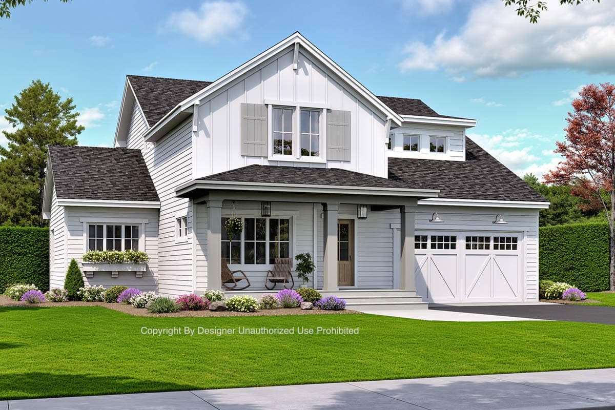Modern Farmhouse house plan exterior, two stories, with gables, dormers, covered porch, and side-facing garage.