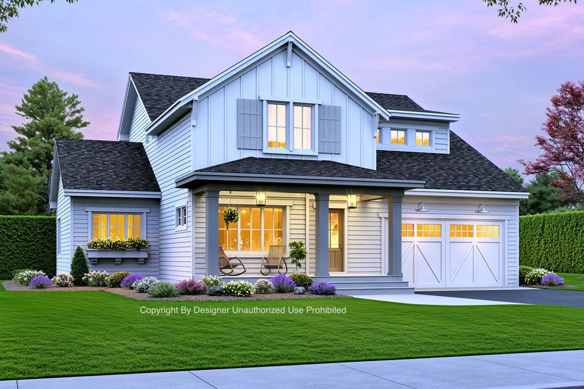 Modern Farmhouse house plan exterior, two stories, gabled dormer, covered porch with columns, and a side-facing two-car garage.