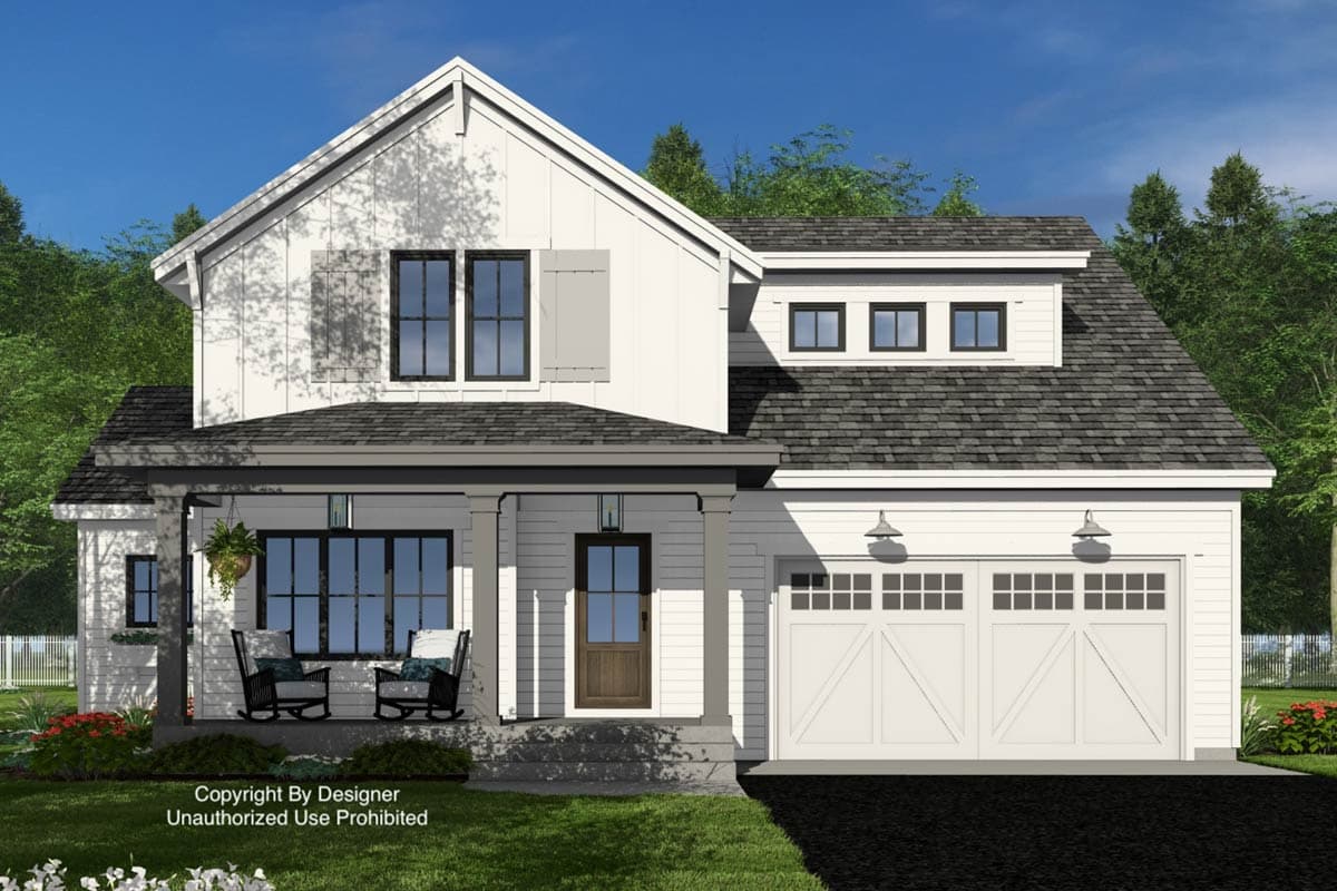 Modern Farmhouse house plan exterior. Two stories, gabled roof, covered front porch with dormers, and a two-car garage.