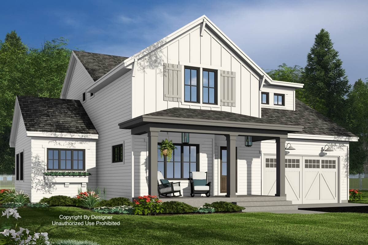Modern Farmhouse house plan exterior, two stories, with a covered front porch, board and batten siding, and a two-car garage.